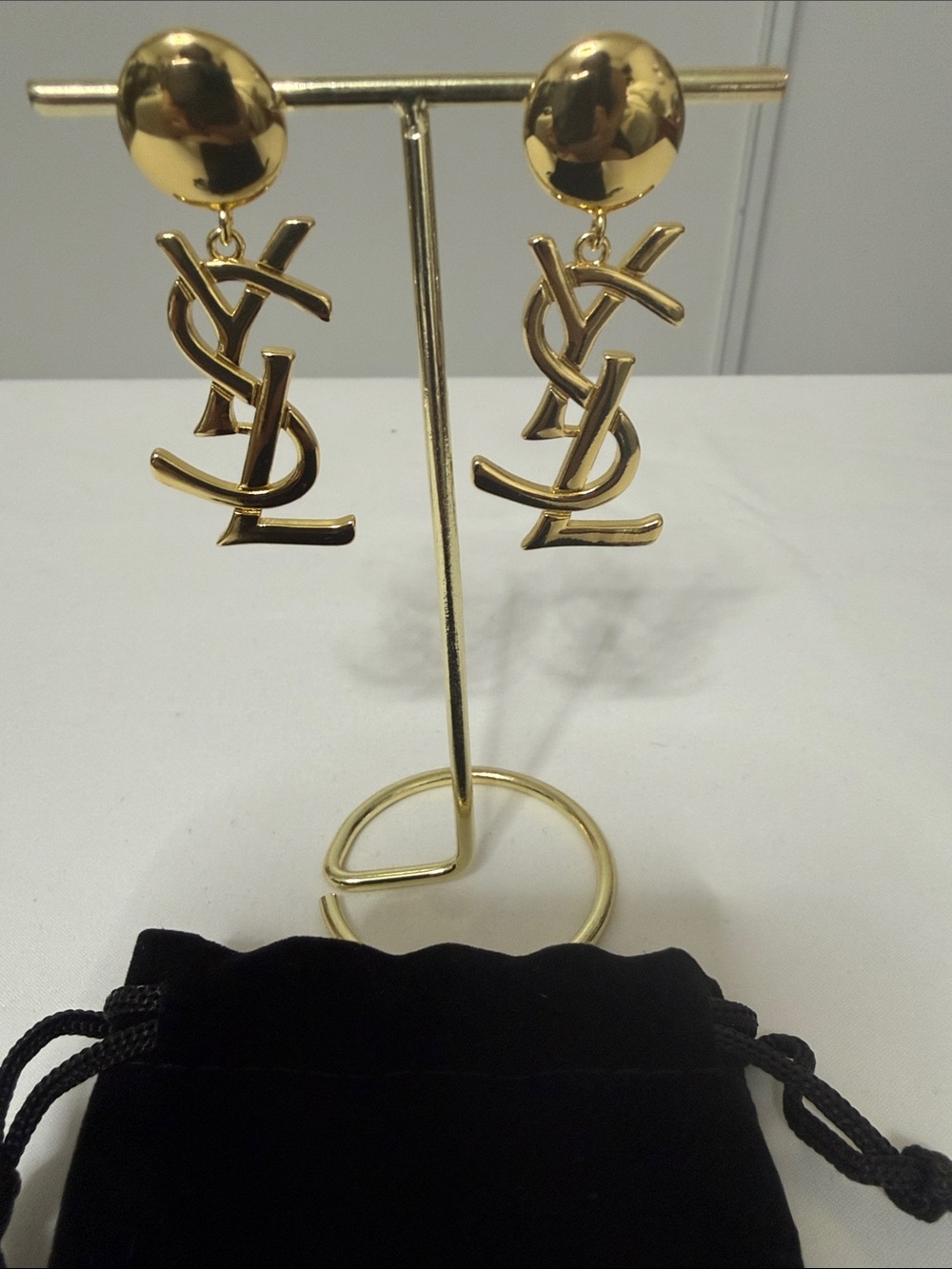 Yves Saint Laurent Gold Logo Drop Earrings - Gold Tone - Picture 1 of 6